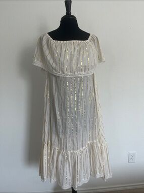 MIGUELINA Off-Shoulder Cream Dress with Gold Stripe Detail